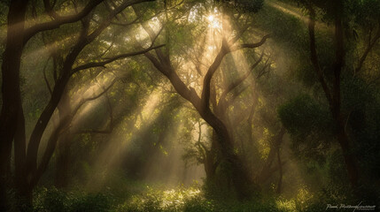 Photograph rays of sunlight streaming through a canopy of trees, enhancing the beams with light textures. The bokeh effect adds a dreamy and ethereal quality. 