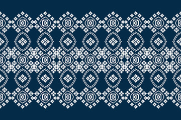 Ethnic geometric fabric pattern Cross Stitch.Ikat embroidery Ethnic oriental Pixel pattern blue background. Abstract,vector,illustration. Texture,clothing,frame,decoration,motifs,silk wallpaper.