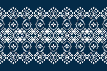 Ethnic geometric fabric pattern Cross Stitch.Ikat embroidery Ethnic oriental Pixel pattern blue background. Abstract,vector,illustration. Texture,clothing,frame,decoration,motifs,silk wallpaper.