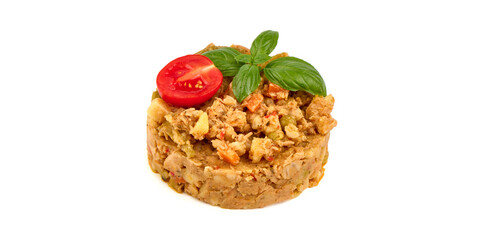 Homemade vegetable stew with chicken, isolated on white background.
