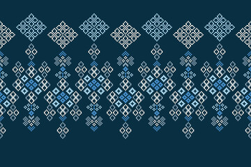 Ethnic geometric fabric pattern Cross Stitch.Ikat embroidery Ethnic oriental Pixel pattern blue background. Abstract,vector,illustration. Texture,clothing,frame,decoration,motifs,silk wallpaper.