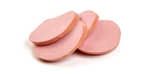 Boiled sausage slices, isolated on white background.