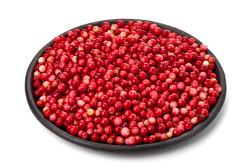 Fresh wild lingonberry berries with leaves, isolated on white background.