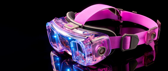Virtual Reality, A futuristic VR headset adorned with neon LED lights and holographic overlays. Banner. Generative Ai content.