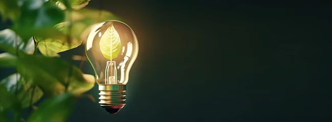 Foto auf Acrylglas Ecology, save energy and sustainability concept. Environment banner with light bulb with green leaves on green background. Sustainable energy development. Banner size, copy space © KRISTINA KUPTSEVICH