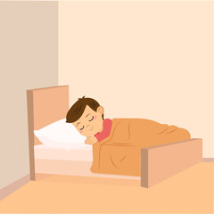 boy sleeping, bedtime, pink background, bedroom, flat design, vector illustration