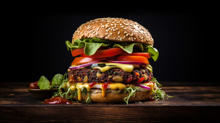 Vegan lentil burger with salad, mustard sauce, fresh and vegetables on a wooden board. Vegan food concept.