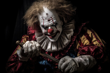 angry crazy clown from a horror film. scary man in makeup. Halloween, carnival. 