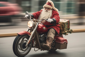 Fototapeta na wymiar Santa Claus on a motorcycle. active pension, sports and health. merry christmas and new year.