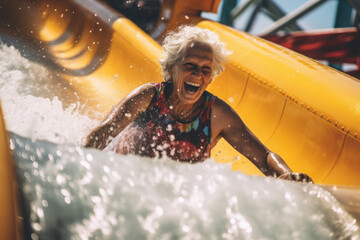 an old woman is rolling down a water slide. grandmother swims in the pool and laughs. active old age and pensioner.