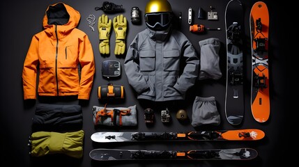 Knolling layout of full skiing clothes and equipment for winter, distributed on the floor, birds eye perspective - obrazy, fototapety, plakaty