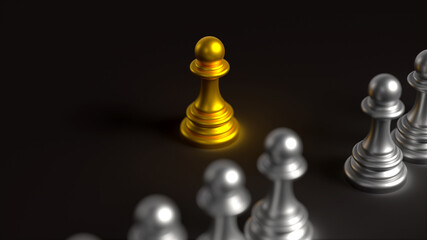 golden chess pawn on dark background with copy space. first move concept. 3D render