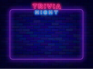 Trivia night neon purple banner. Simple frame. Quiz competition. Game event. Night club poster. Vector illustration