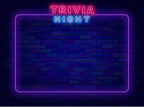 Trivia night neon purple banner. Simple frame. Quiz competition. Game event. Night club poster. Vector illustration