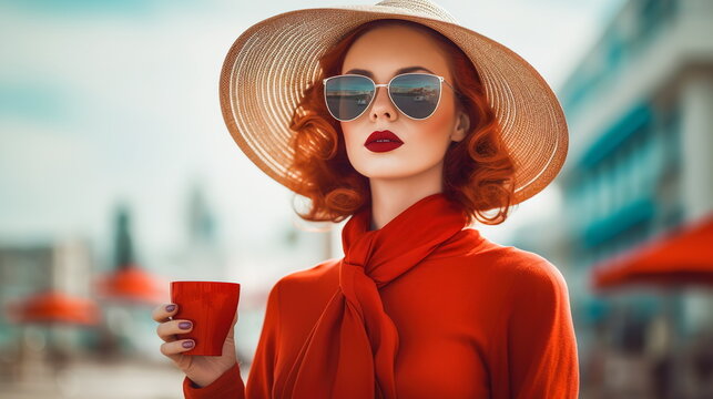 Portrait of a woman with brightly painted lips, wearing a hat, sunglasses, and a red blouse, holding a cup in her hand, standing against a beach blurred in the background.