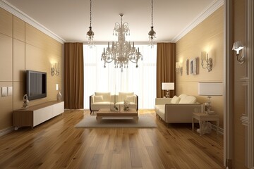 a look inside a modern living space with wood flooring and a garden outlook. Generative AI