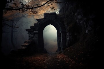 Obraz premium A nighttime vista of a mystery woodland that seems like it may be from a dream. Generative AI