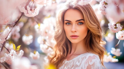 Portrait of a young woman with long blond hair against the backdrop of a blooming sakura garden, in a gentle color rendering of natural light.