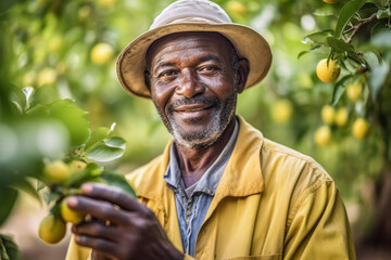 Naklejka na ściany i meble African farmer worker, man working in orchard fruit garden. Generative AI