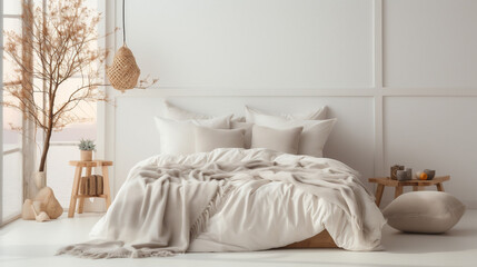 Fototapeta na wymiar Boho cozy bedroom, clean and minimalist style, banner with copy space