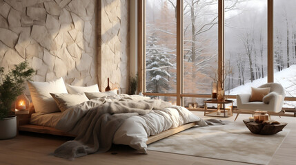 modern cozy hygge master bedroom with large windows and a winter view, snowy day outside, cozy interior decor