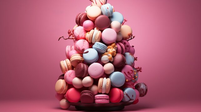 Sweets on the tree. Macaroons and chocolate are hung on the branches. Barbie style pink cakes. Almond biscuits with strawberry flavor. Confectionery or bakery advertising banner concept.