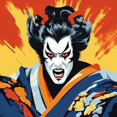 Kabuki theater. The illustration shows a kabuki theater actor in impressive makeup and costume. His vivid facial expressions and lively movements convey drama 