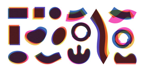 Risograph print style elements set vector illustration isolated on white background. Abstract riso geometric shapes with noise texture, glitch effect. Retro minimalist blobs, frames, blots for design