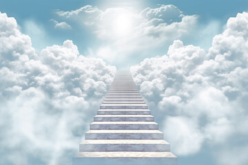 Fototapeta premium Stairway to heaven, stone staircase leading to bright glow in distance, clouds around. Generative AI