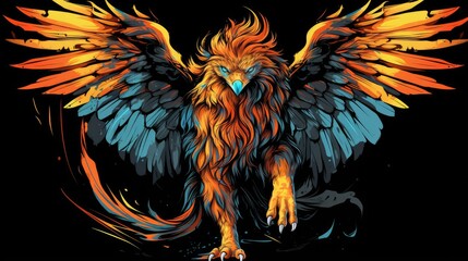 The illustration depicts a powerful griffin, a mythical creature with the body of a lion and the head of an eagle. It has sharp claws, powerful wings and a feathery