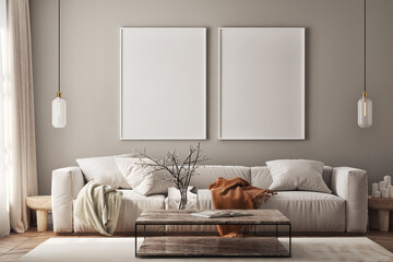 Mockup poster frame on the wall of living room. Luxurious apartment background with contemporary...