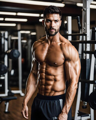 Fototapeta na wymiar a handsome man will a muscular well trained body at his training in gym - generative ai