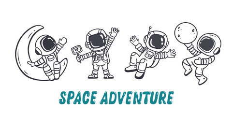 set of cartoon astronauts isolated on white background. Doodle style,for book. Coloring page. Vector illustration © Alina