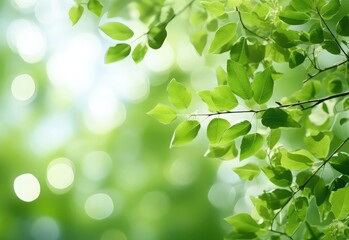 Fototapeta na wymiar Fresh green leaves on blurred greenery background with bokeh effect