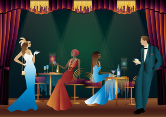 People in a restaurant in the style of the early 20th century. Retro party invitation card. art deco style. vector illustration.