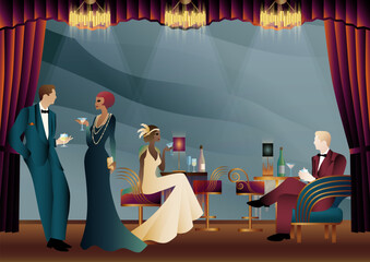 People in a restaurant in the style of the early 20th century. Retro party invitation card. art deco style. vector illustration.