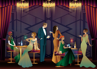 People in a restaurant in the style of the early 20th century. Retro party invitation card. art deco style. vector illustration.