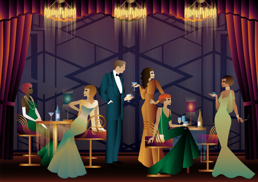 People in a restaurant in the style of the early 20th century. Retro party invitation card. art deco style. vector illustration.