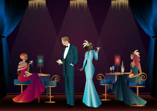 People in a restaurant in the style of the early 20th century. Retro party invitation card. art deco style. vector illustration.