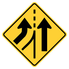 Vector graphic of a usa added lane left highway sign. It consists of two black arrows merging from the left within a black and yellow square tilted to 45 degrees