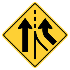 Vector graphic of a usa added lane right highway sign. It consists of two black merging from the right within a black and yellow square tilted to 45 degrees