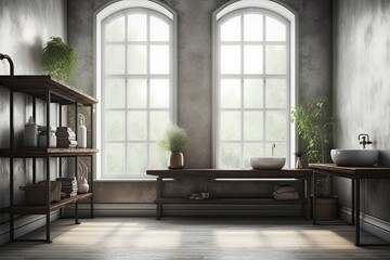 A few shelves in a bathroom and a wooden table in front of a misty window. Generative AI