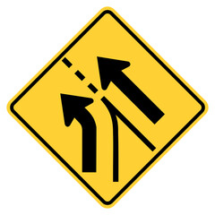 Vector graphic of a usa added left lane on slip road highway sign. It consists of two black arrows merging from the left within a black and yellow square tilted to 45 degrees