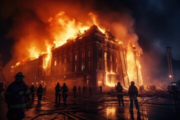 Firefighters extinguish a fire in a building. Firefighters fighting a fire. American large building is on fire and firefighters are trying to stop the fire, AI Generated