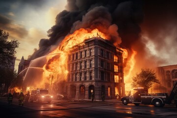 Burning buildings in the city during a strong fire. Conceptual image. American large building is on fire and firefighters are trying to stop the fire, AI Generated