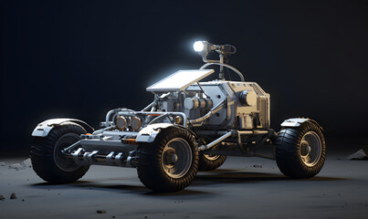 Two-seater, drivable lunar rover with some solar panels, convertible top, space industry, space.