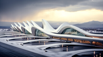 Fototapeta premium Architecture Concept Airport Terminal Brainstorming Illustration Graphic Digital Art KI Generative AI Wallpaper Background
