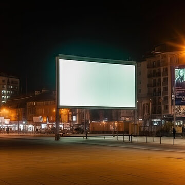 City billboard for mockup standing outdoors in city street lights at night, advertising poster on the street for advertisement, city, cityscape background. Copy space for text, picture. AI generative