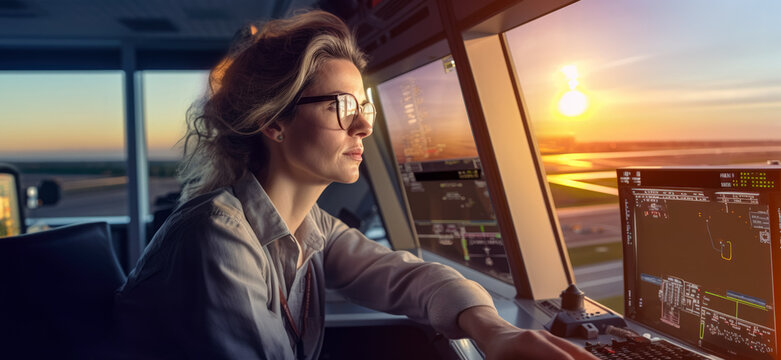 Woman working as air traffic controller. Female sitting at airport control tower, screens near her, blurred sunset landscape with runway background. Generative AI