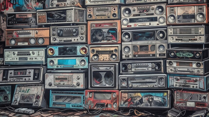 Vintage wall of stereos. Hip-hop and pop music. Illustration. Created with generative ai.